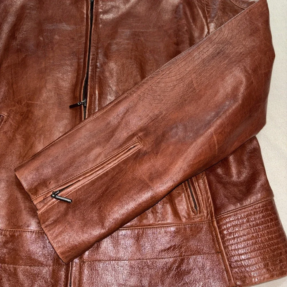 Vintage Terry Lewis Leather Coat Cognac Brown Short Biker Moto Boho Women's Sz L